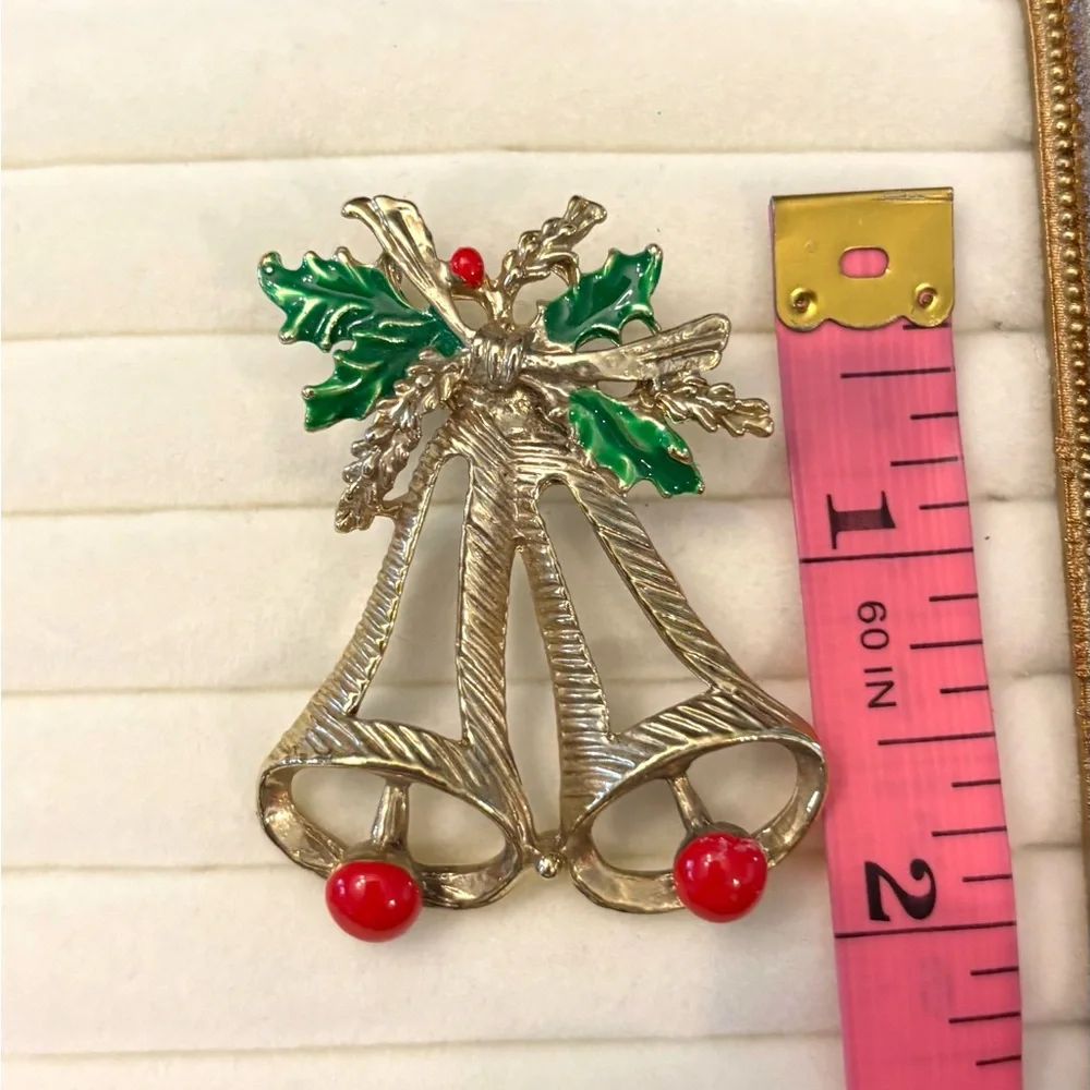 Vintage Marked Taiwan Goldtone Enamel Christmas BELLS Brooch Pin Festive Texture